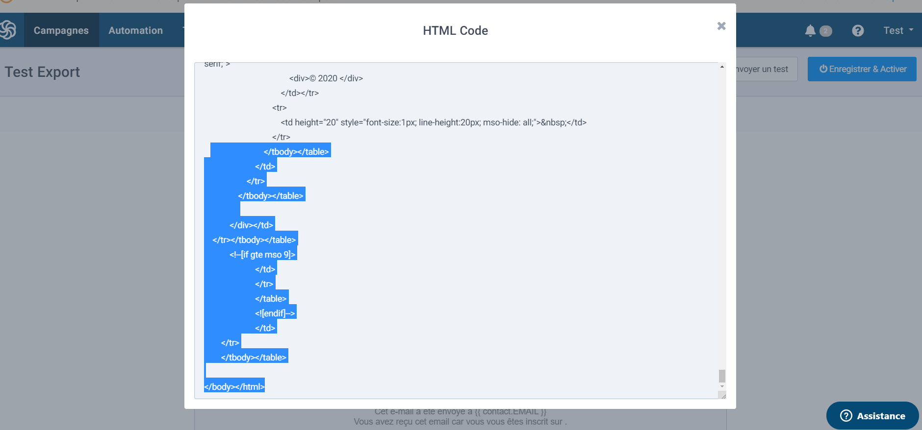 Code HTML campagne sendinblue,