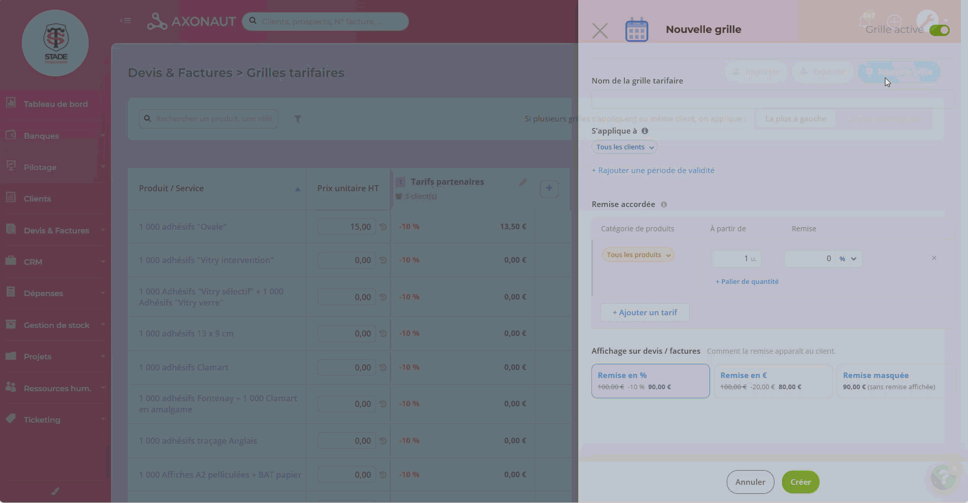 [Animation : création d'une grille tarifaire et application des tarifs]